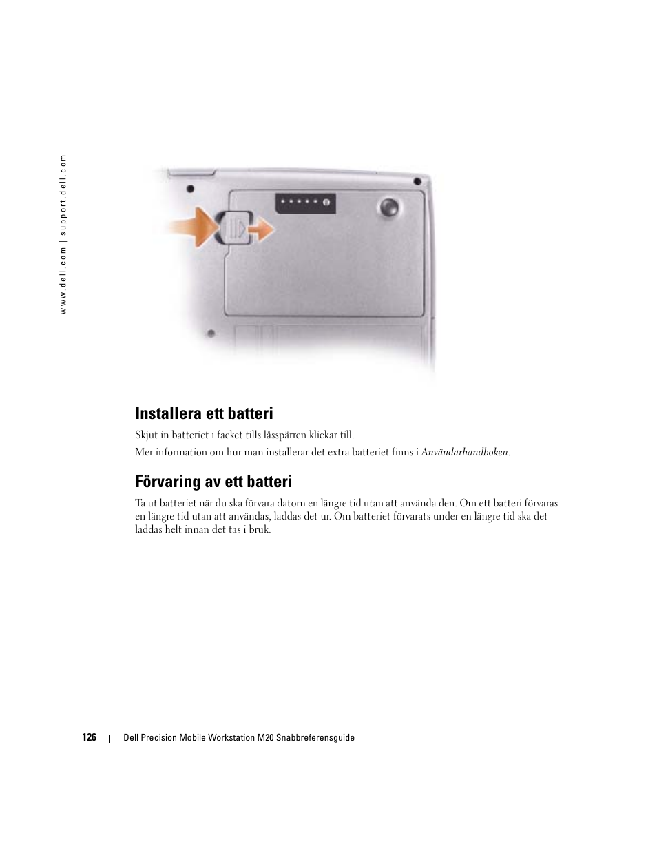 Installera ett batteri, Förvaring av ett batteri | Dell Precision M20 User Manual | Page 126 / 164