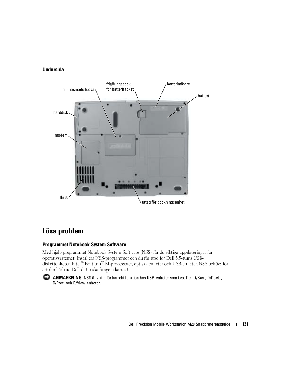 Undersida, Lösa problem, Programmet notebook system software | Dell Precision M20 User Manual | Page 131 / 164