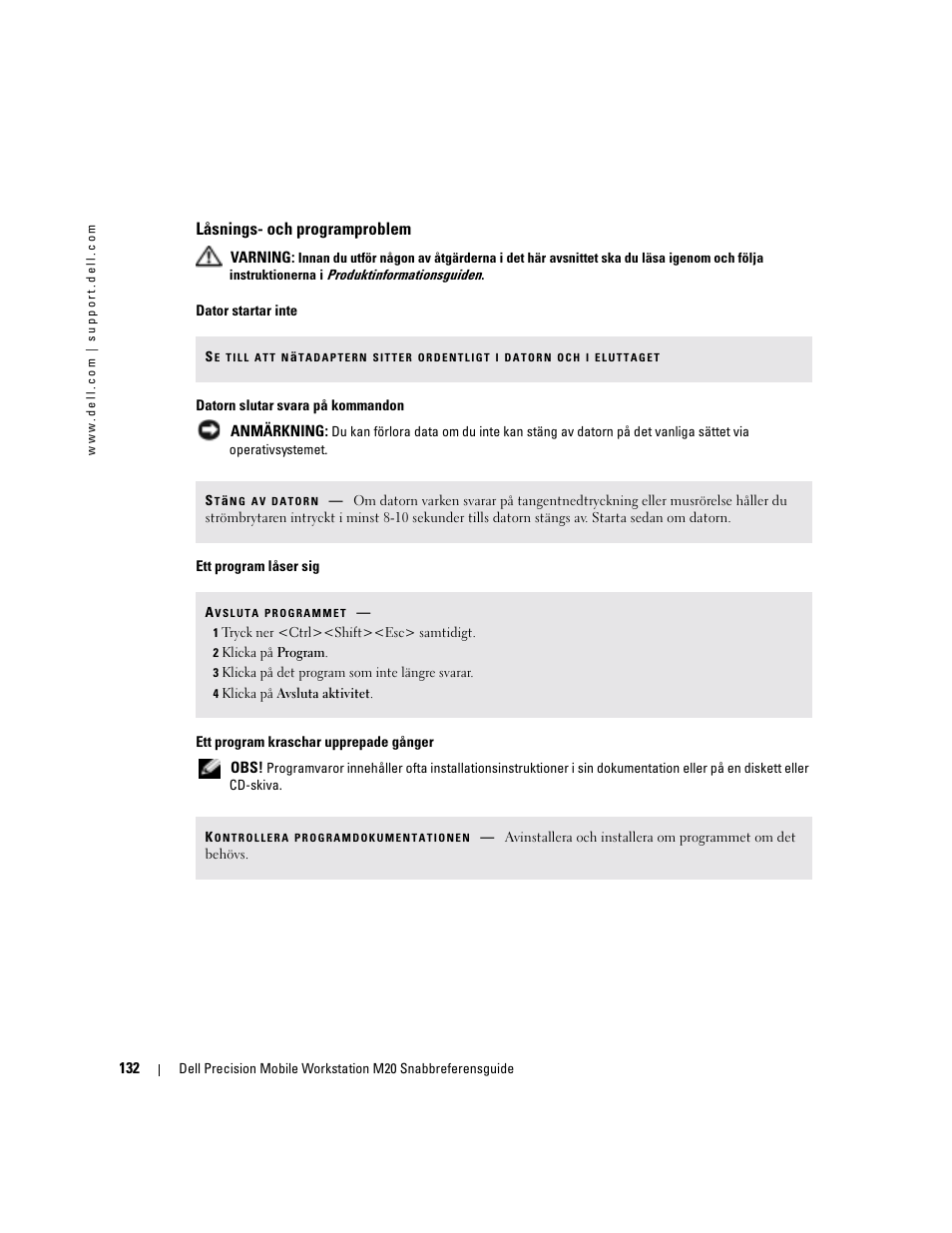 Låsnings- och programproblem | Dell Precision M20 User Manual | Page 132 / 164