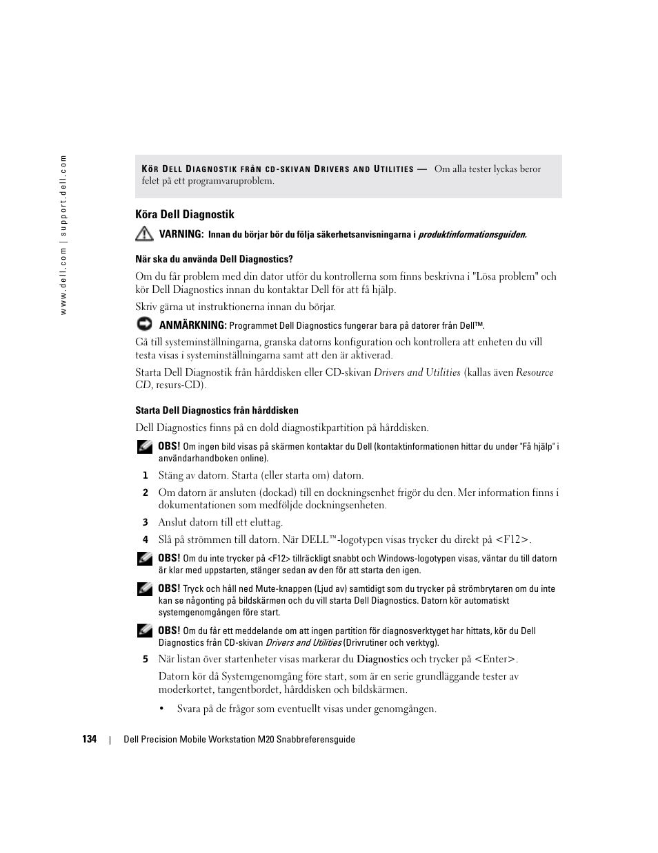 Köra dell diagnostik | Dell Precision M20 User Manual | Page 134 / 164