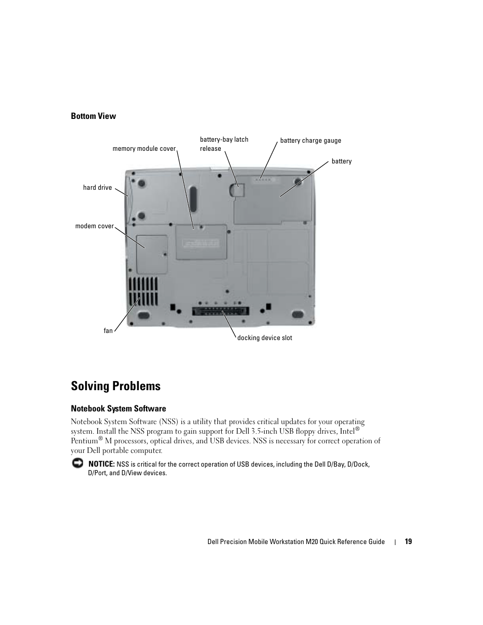 Bottom view, Solving problems, Notebook system software | Dell Precision M20 User Manual | Page 19 / 164