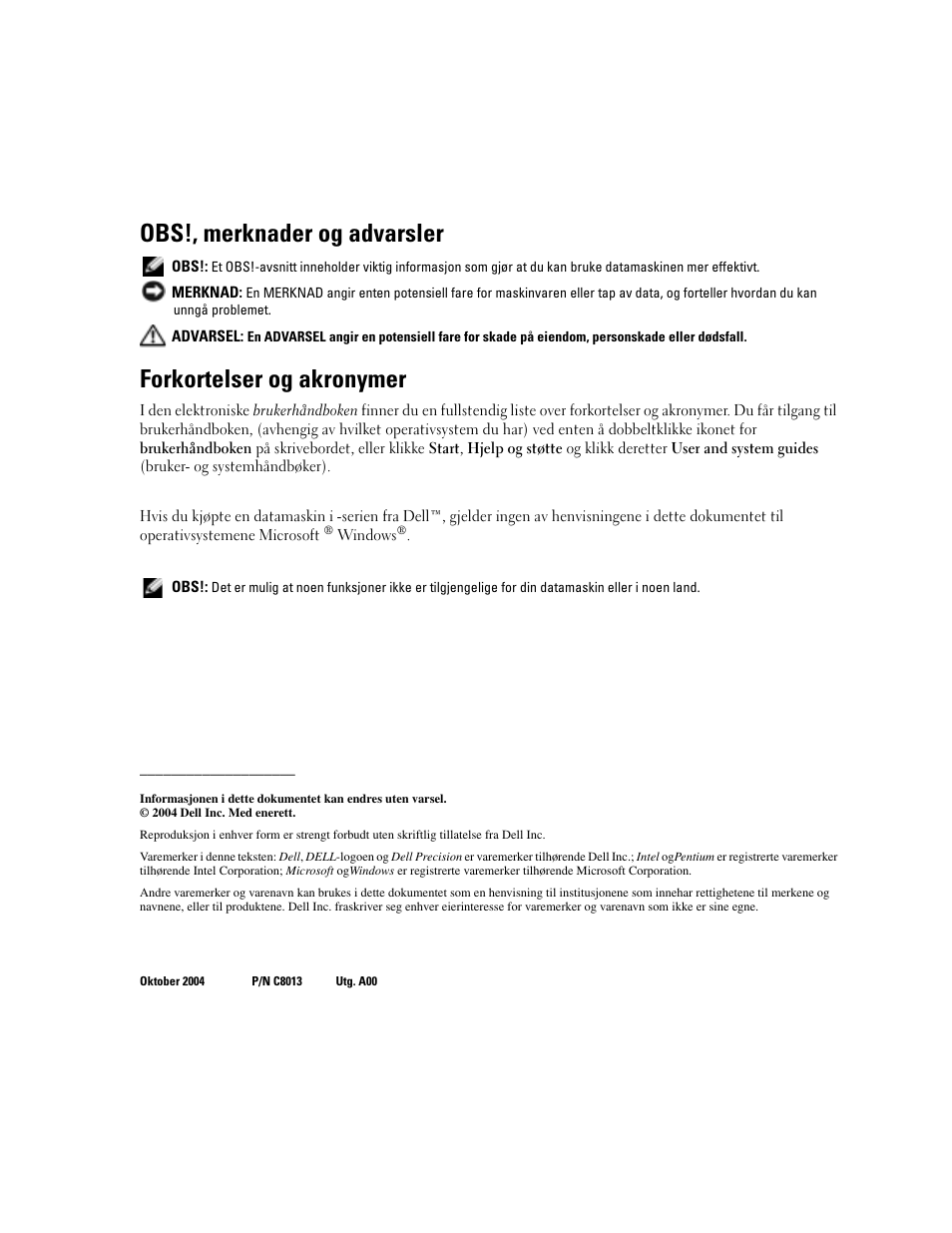 Obs!, merknader og advarsler, Forkortelser og akronymer | Dell Precision M20 User Manual | Page 30 / 164