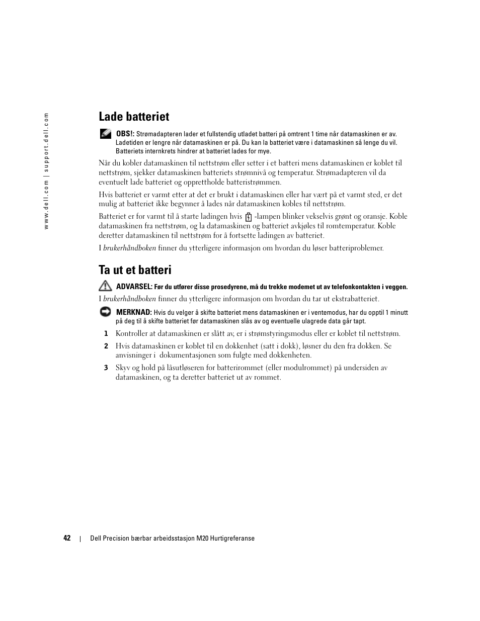 Lade batteriet, Ta ut et batteri | Dell Precision M20 User Manual | Page 42 / 164