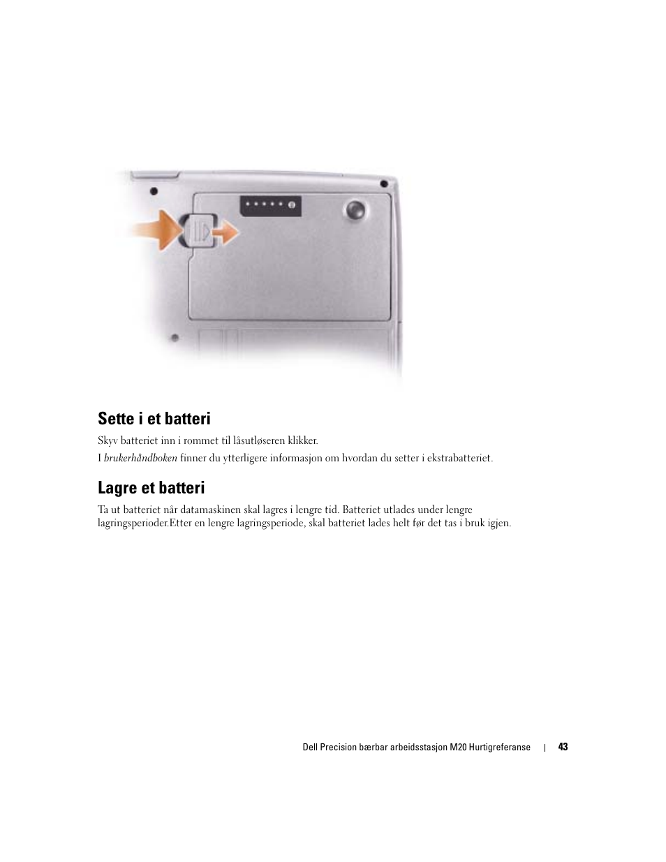 Sette i et batteri, Lagre et batteri | Dell Precision M20 User Manual | Page 43 / 164