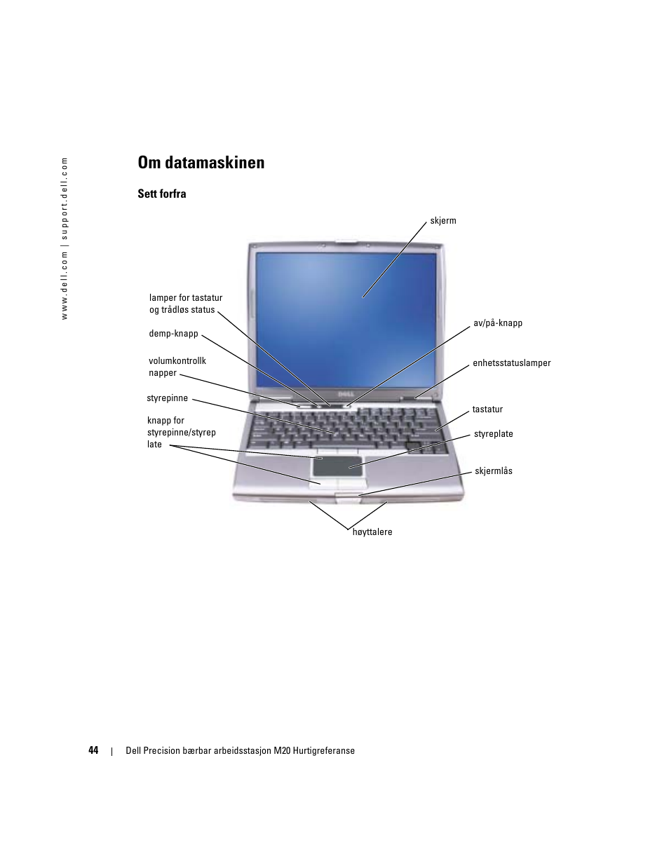 Om datamaskinen, Sett forfra | Dell Precision M20 User Manual | Page 44 / 164