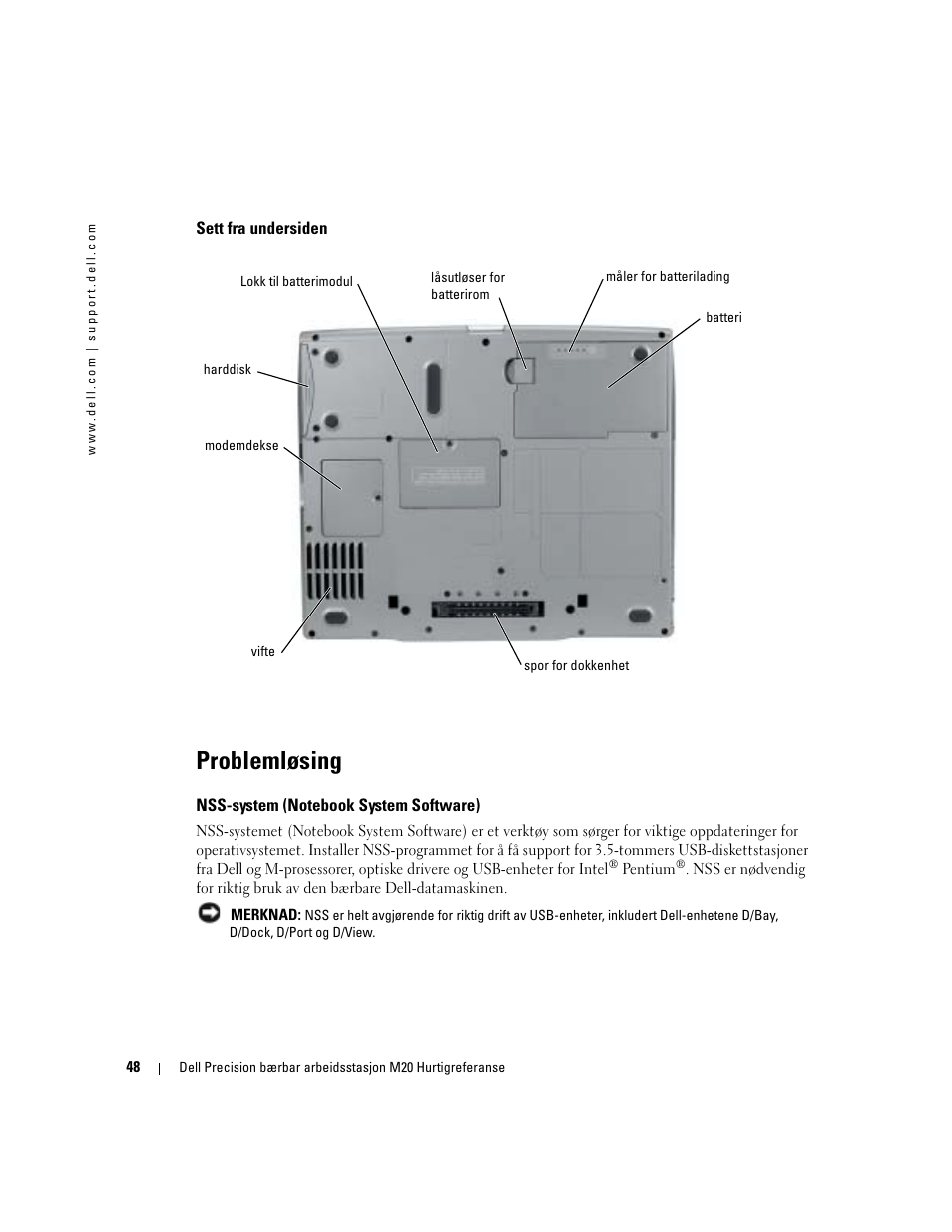 Sett fra undersiden, Problemløsing, Nss-system (notebook system software) | Dell Precision M20 User Manual | Page 48 / 164