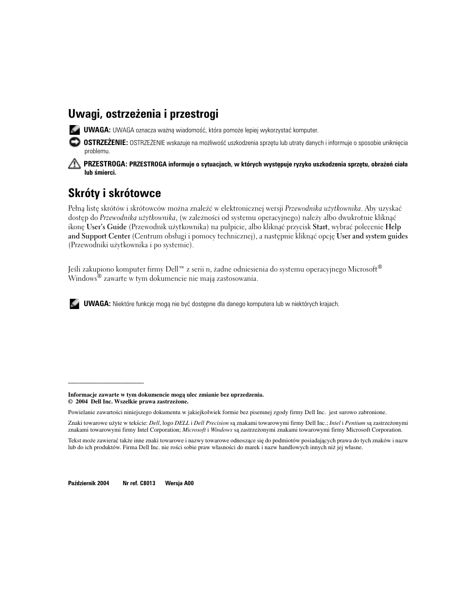 Uwagi, ostrzeżenia i przestrogi, Skróty i skrótowce | Dell Precision M20 User Manual | Page 58 / 164