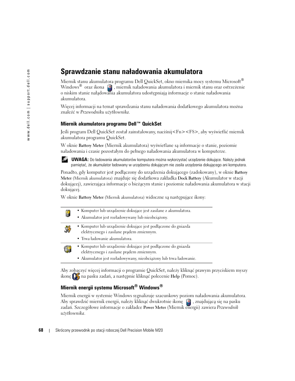 Sprawdzanie stanu na¸adowania akumulatora, Miernik akumulatora programu dell™ quickset, Miernik energii systemu microsoft® windows | Sprawdzanie stanu naładowania akumulatora, Miernik energii systemu microsoft | Dell Precision M20 User Manual | Page 68 / 164