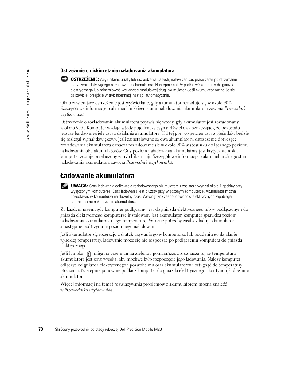 Adowanie akumulatora, Ładowanie akumulatora | Dell Precision M20 User Manual | Page 70 / 164