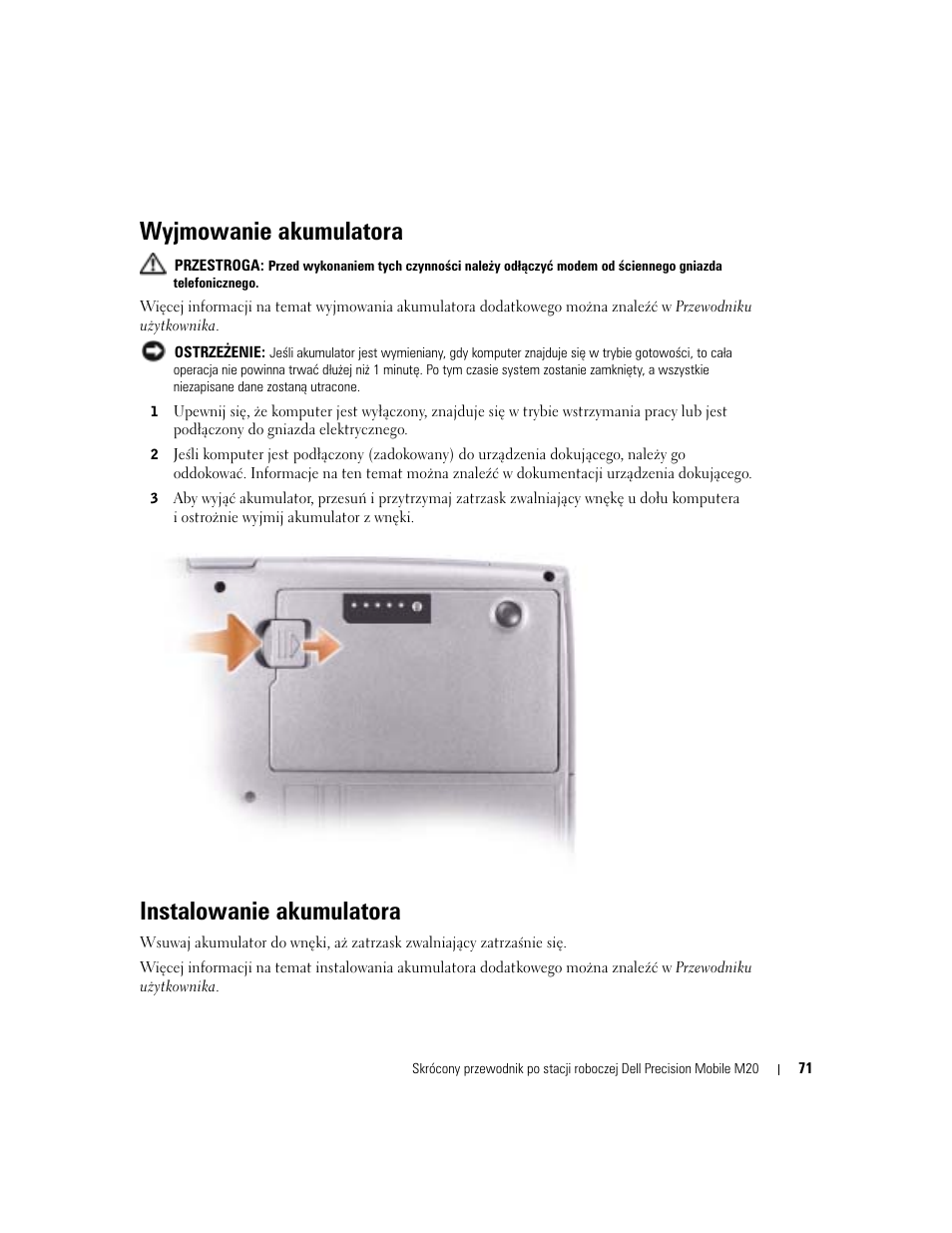 Wyjmowanie akumulatora, Instalowanie akumulatora | Dell Precision M20 User Manual | Page 71 / 164