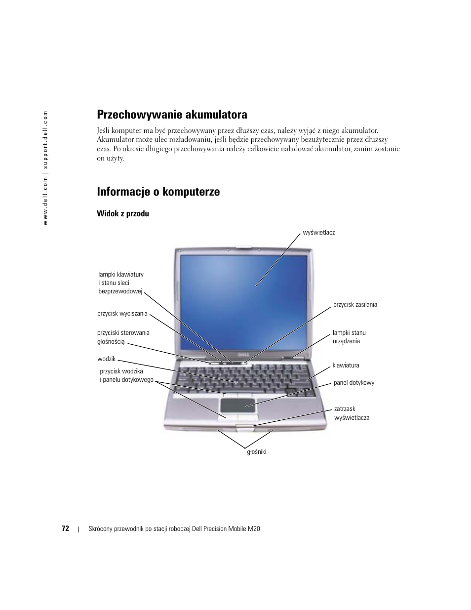 Przechowywanie akumulatora, Informacje o komputerze, Widok z przodu | Dell Precision M20 User Manual | Page 72 / 164