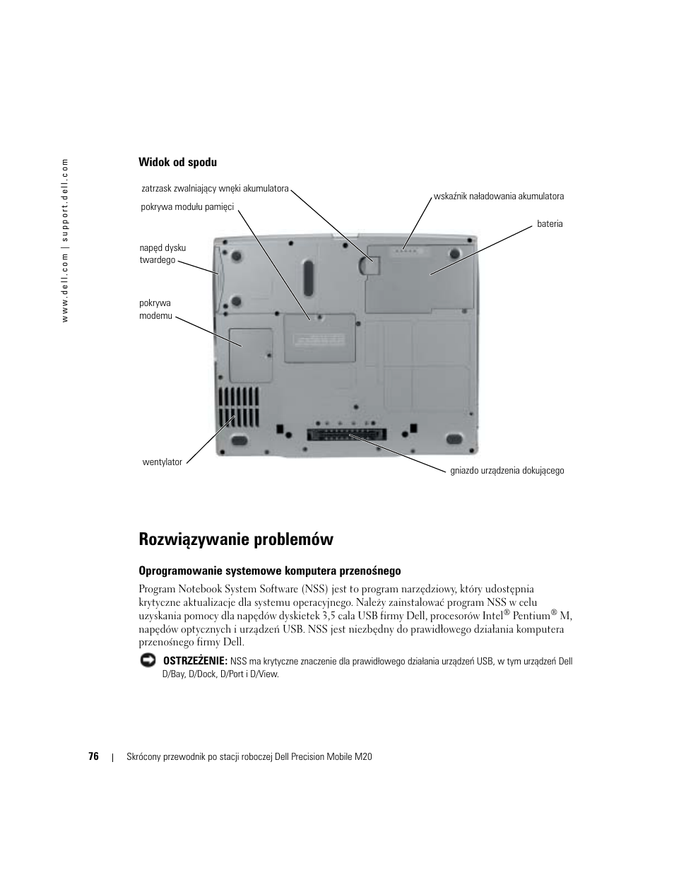 Widok od spodu, Rozwiązywanie problemów, Oprogramowanie systemowe komputera przenoœnego | Oprogramowanie systemowe komputera przenośnego | Dell Precision M20 User Manual | Page 76 / 164