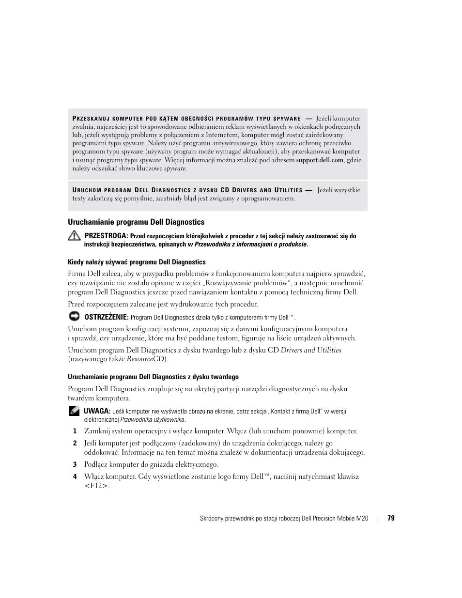 Uruchamianie programu dell diagnostics | Dell Precision M20 User Manual | Page 79 / 164