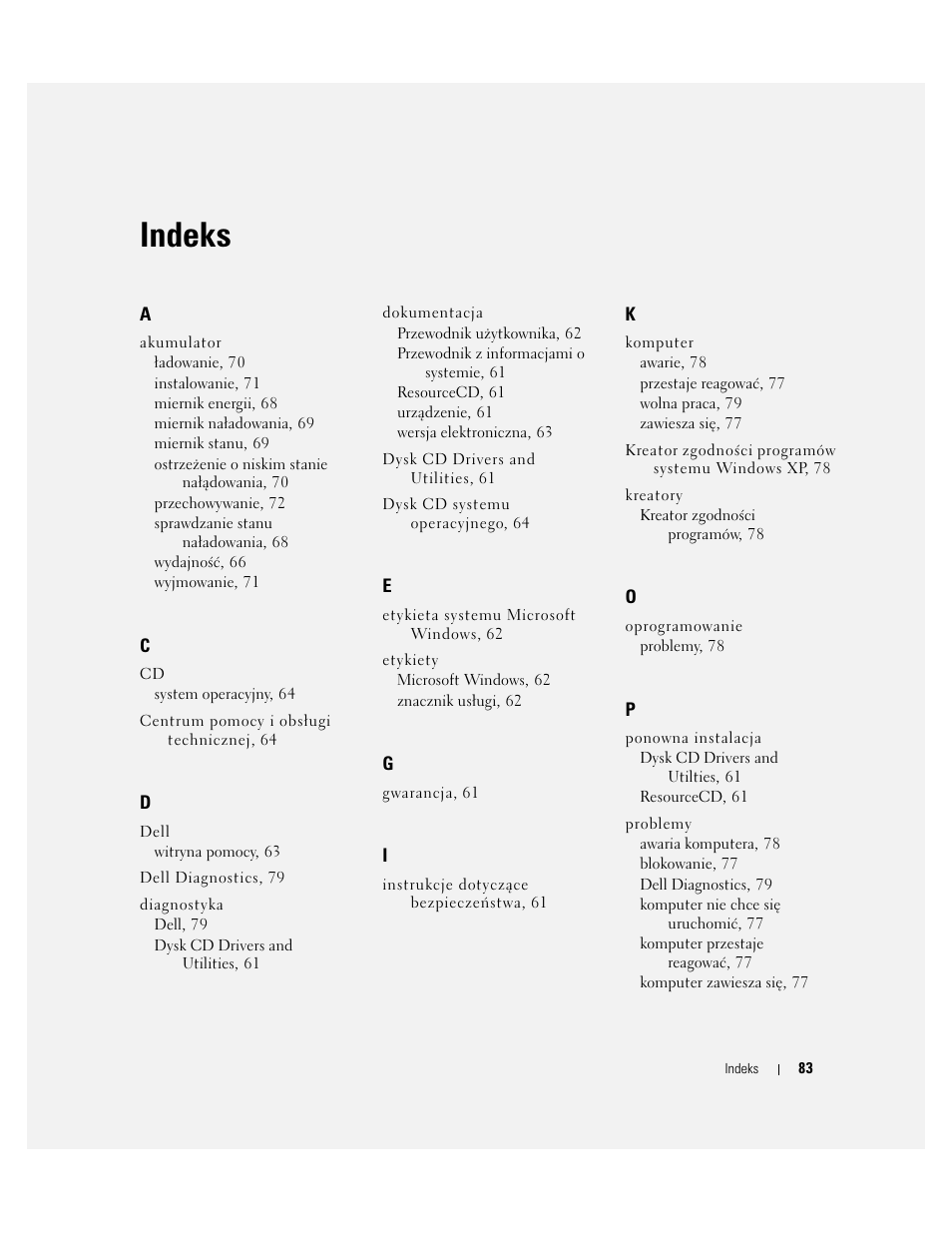 Indeks | Dell Precision M20 User Manual | Page 83 / 164