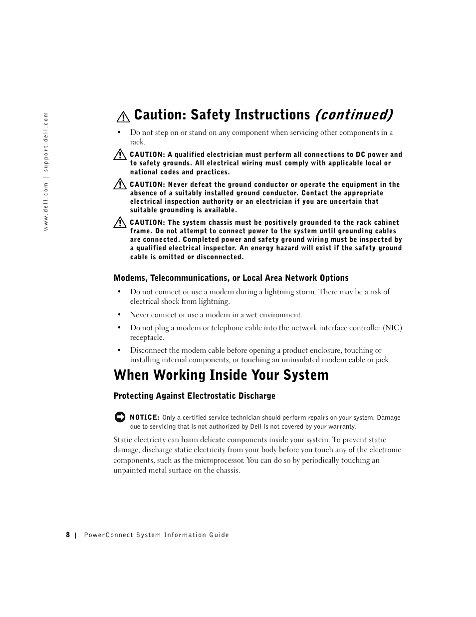 When working inside your system, Protecting against electrostatic discharge, Caution: safety instructions (continued) | Dell PowerConnect 3024 User Manual | Page 10 / 176