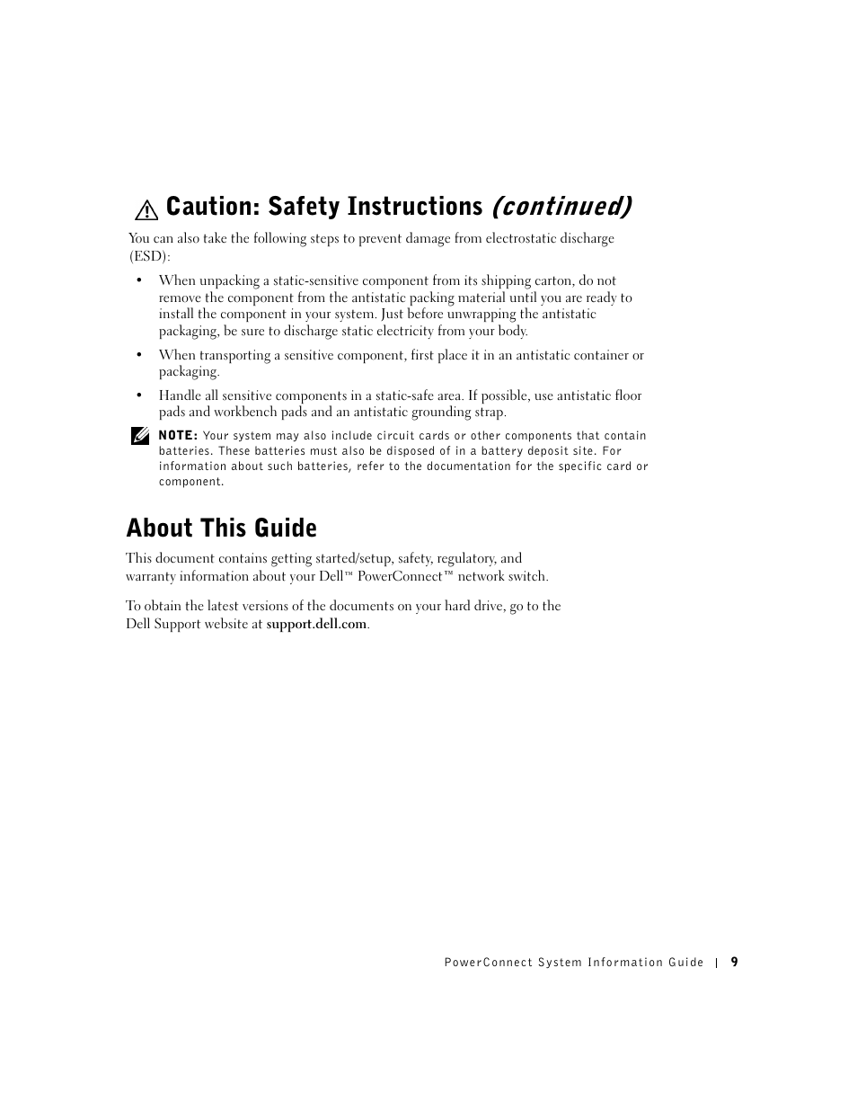 About this guide, Caution: safety instructions (continued) | Dell PowerConnect 3024 User Manual | Page 11 / 176