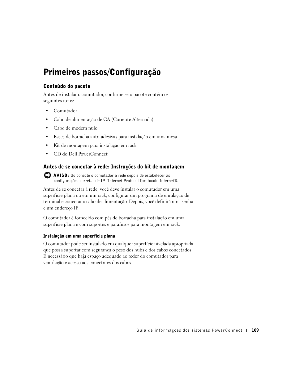 Primeiros passos/configuração, Conteúdo do pacote | Dell PowerConnect 3024 User Manual | Page 111 / 176