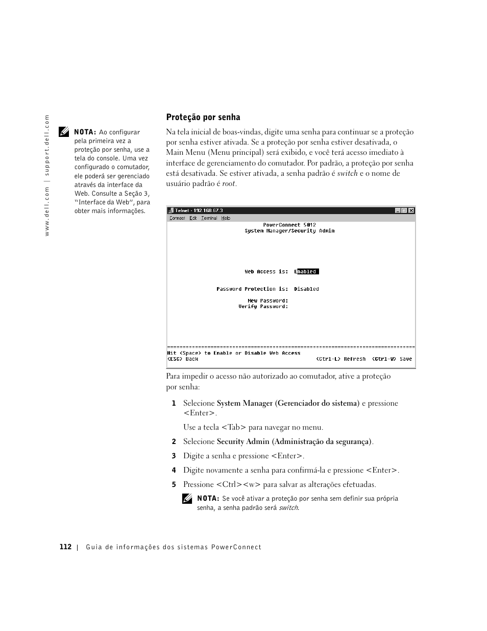 Proteção por senha | Dell PowerConnect 3024 User Manual | Page 114 / 176