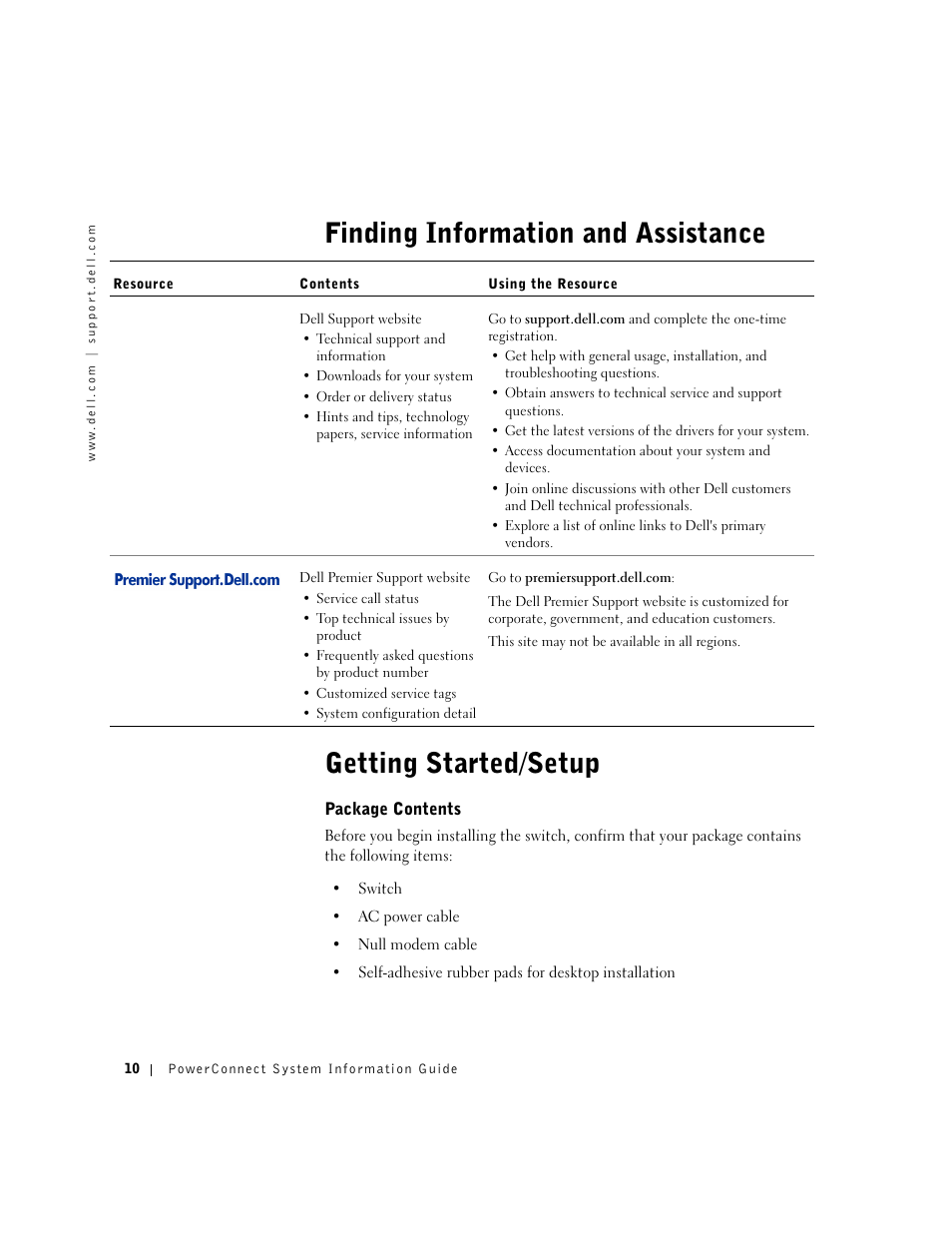 Finding information and assistance, Getting started/setup, Package contents | Dell PowerConnect 3024 User Manual | Page 12 / 176
