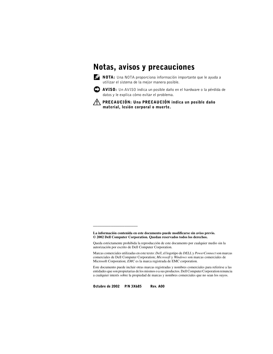 Notas, avisos y precauciones | Dell PowerConnect 3024 User Manual | Page 140 / 176