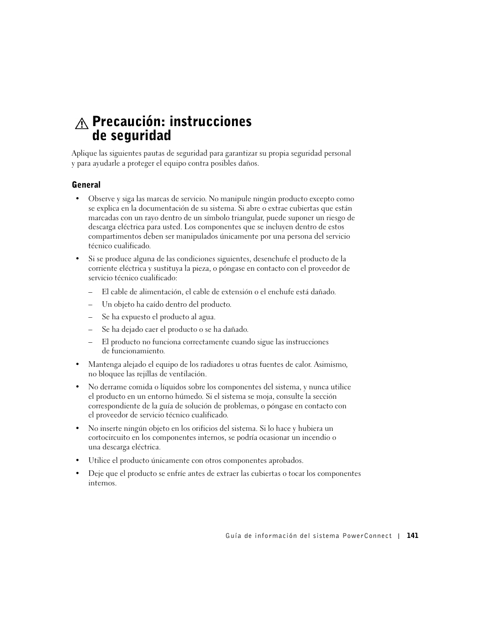 Precaución: instrucciones de seguridad, General | Dell PowerConnect 3024 User Manual | Page 143 / 176