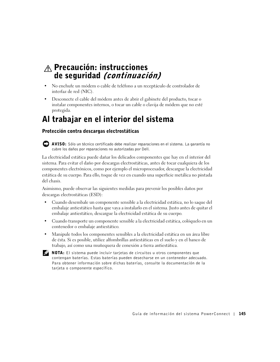 Al trabajar en el interior del sistema, Protección contra descargas electrostáticas | Dell PowerConnect 3024 User Manual | Page 147 / 176