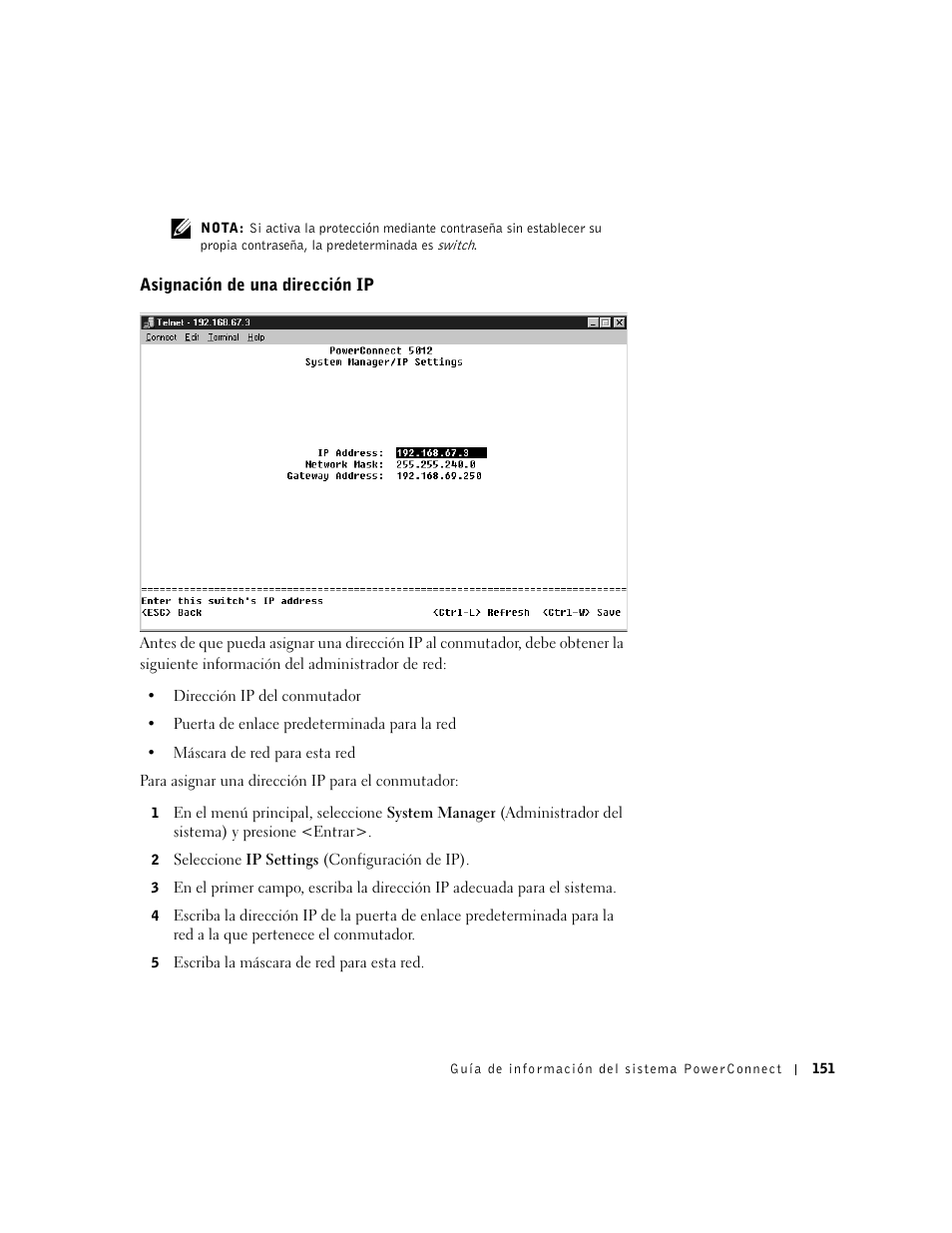 Asignación de una dirección ip | Dell PowerConnect 3024 User Manual | Page 153 / 176