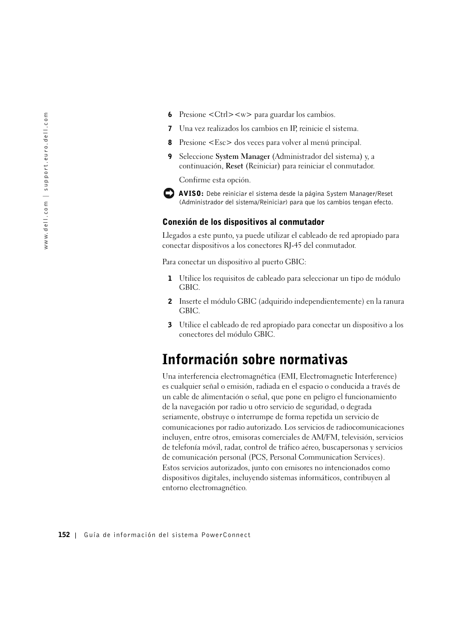 Conexión de los dispositivos al conmutador, Información sobre normativas | Dell PowerConnect 3024 User Manual | Page 154 / 176