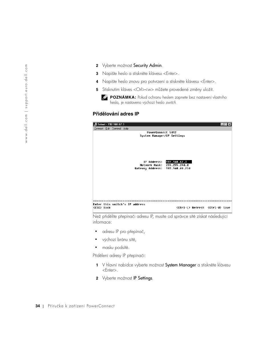 Přidělování adres ip, Pʔidżlování adres ip | Dell PowerConnect 3024 User Manual | Page 36 / 176