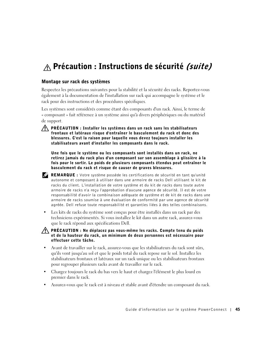 Montage sur rack des systèmes, Précaution : instructions de sécurité (suite) | Dell PowerConnect 3024 User Manual | Page 47 / 176
