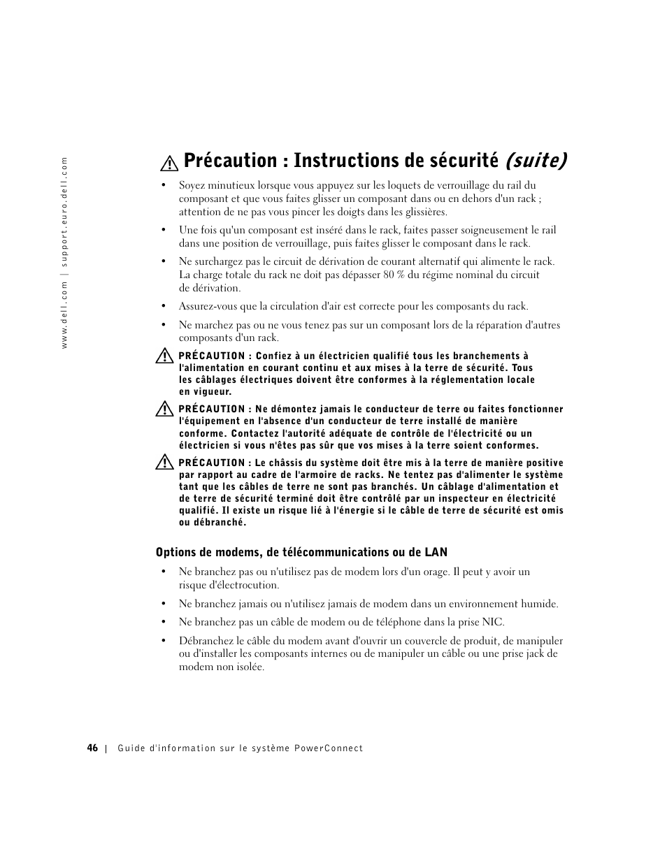 Options de modems, de télécommunications ou de lan, Précaution : instructions de sécurité (suite) | Dell PowerConnect 3024 User Manual | Page 48 / 176