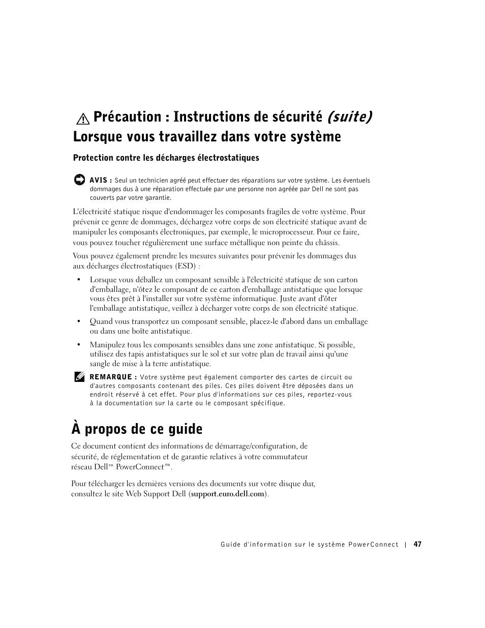Lorsque vous travaillez dans votre système, Protection contre les décharges électrostatiques, À propos de ce guide | Précaution : instructions de sécurité (suite) | Dell PowerConnect 3024 User Manual | Page 49 / 176