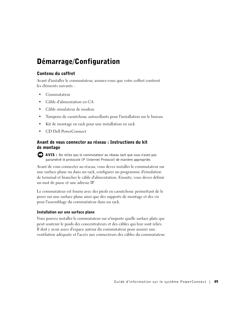 Démarrage/configuration, Contenu du coffret | Dell PowerConnect 3024 User Manual | Page 51 / 176