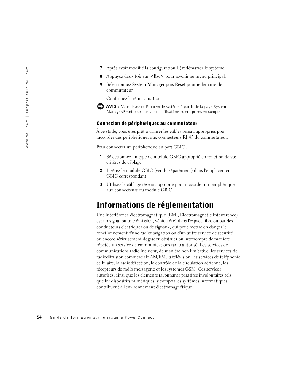 Connexion de périphériques au commutateur, Informations de réglementation | Dell PowerConnect 3024 User Manual | Page 56 / 176