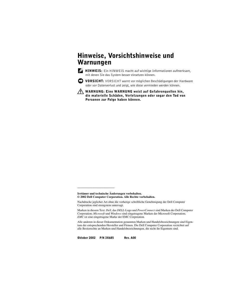 Hinweise, vorsichtshinweise und warnungen | Dell PowerConnect 3024 User Manual | Page 62 / 176