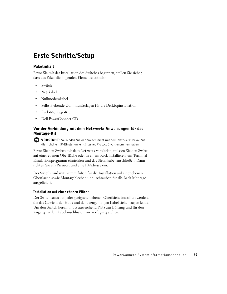Erste schritte/setup, Paketinhalt | Dell PowerConnect 3024 User Manual | Page 71 / 176