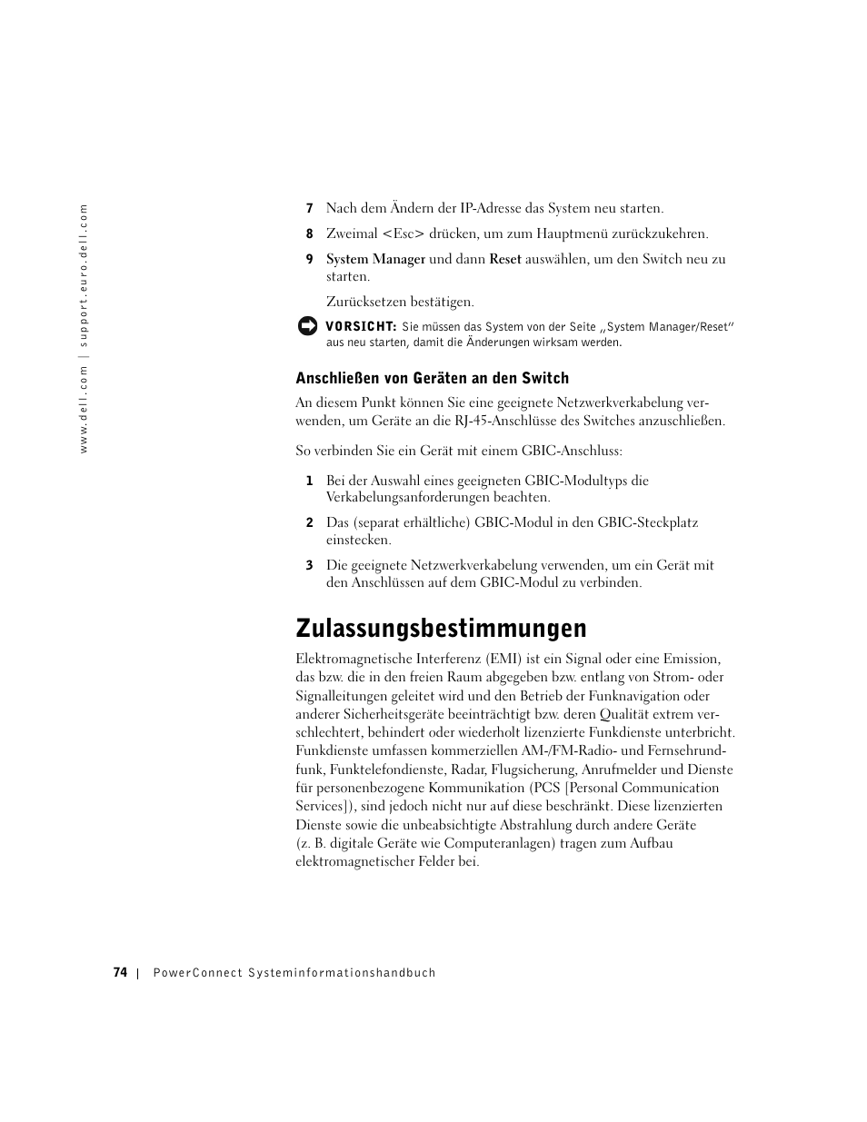Anschließen von geräten an den switch, Zulassungsbestimmungen | Dell PowerConnect 3024 User Manual | Page 76 / 176