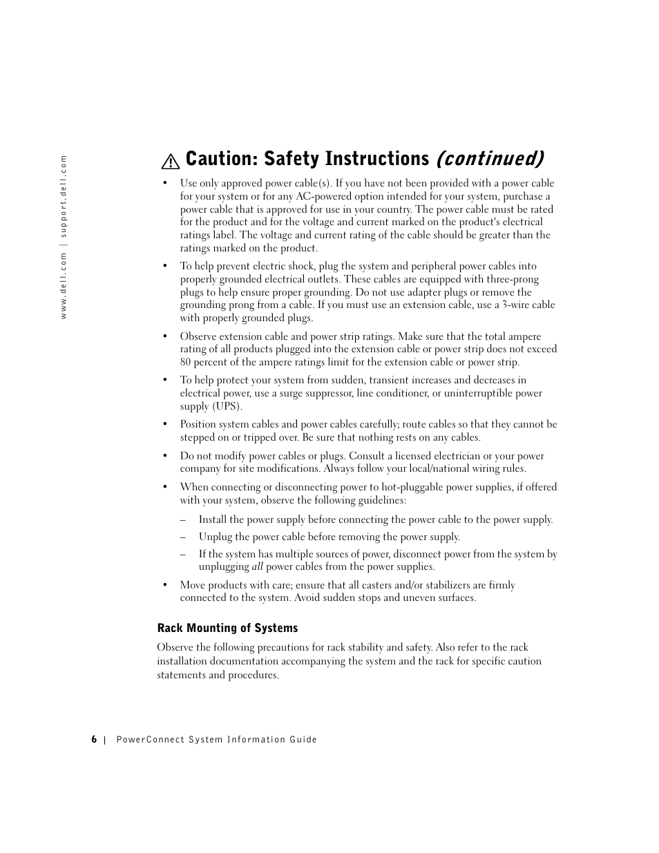 Rack mounting of systems, Caution: safety instructions (continued) | Dell PowerConnect 3024 User Manual | Page 8 / 176
