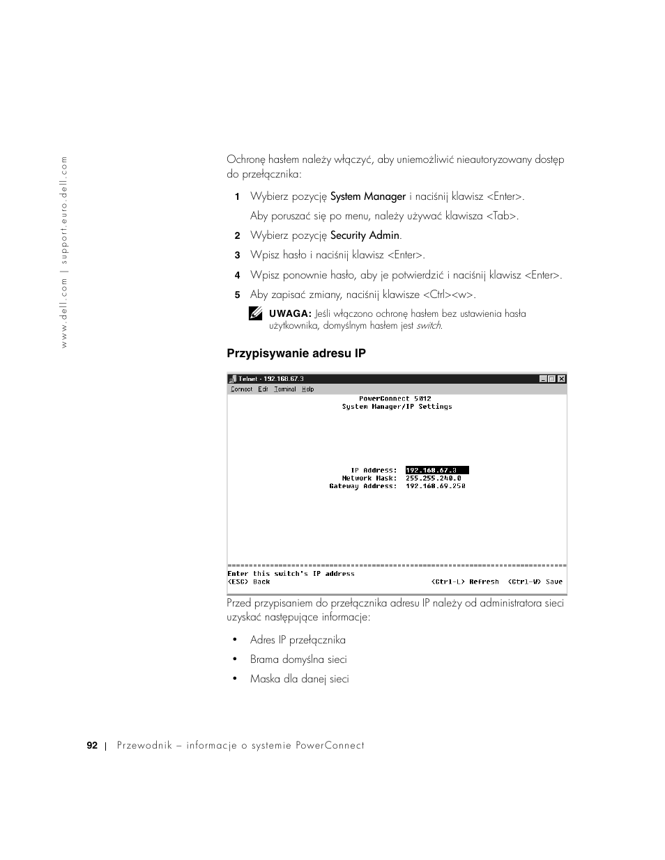 Przypisywanie adresu ip | Dell PowerConnect 3024 User Manual | Page 94 / 176
