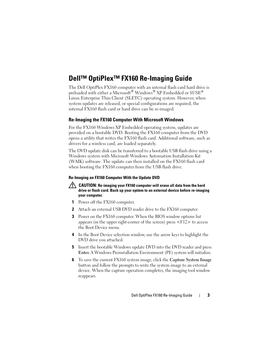 Dell™ optiplex™ fx160 re-imaging guide, Re-imaging an fx160 computer with the update dvd | Dell OptiPlex FX160 User Manual | Page 3 / 132