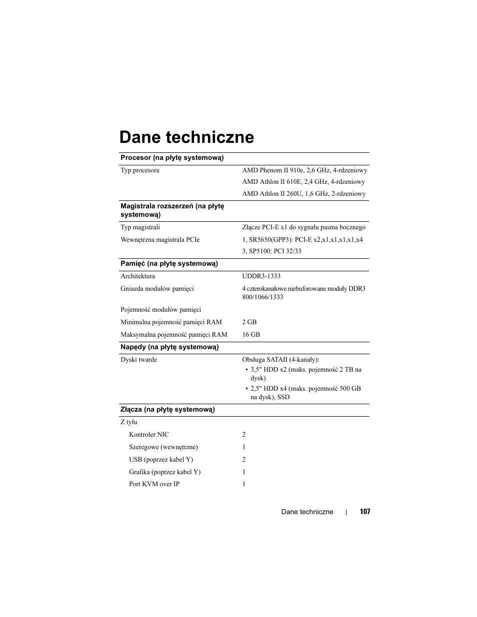 Dane techniczne | Dell PowerEdge C5125 User Manual | Page 109 / 184