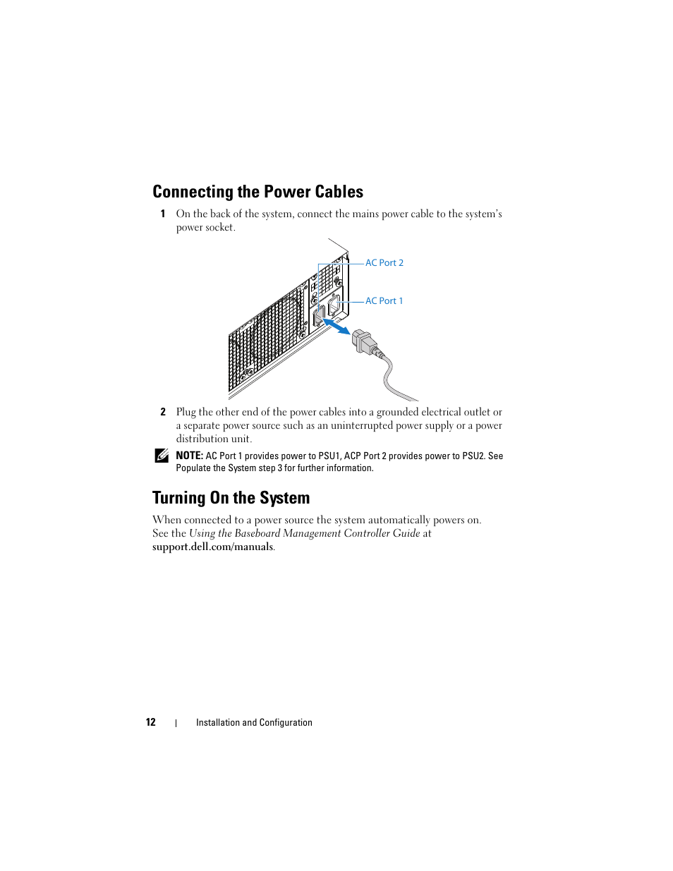 Connecting the power cables, Turning on the system | Dell PowerEdge C5125 User Manual | Page 14 / 184
