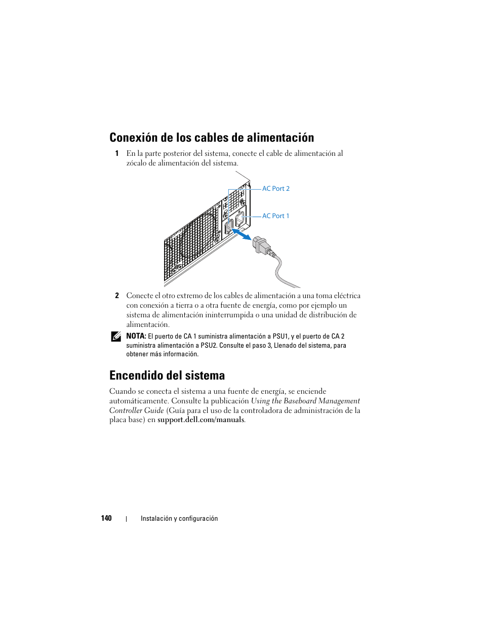 Conexión de los cables de alimentación, Encendido del sistema | Dell PowerEdge C5125 User Manual | Page 142 / 184