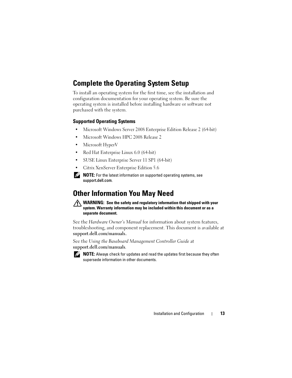 Complete the operating system setup, Supported operating systems, Other information you may need | Dell PowerEdge C5125 User Manual | Page 15 / 184