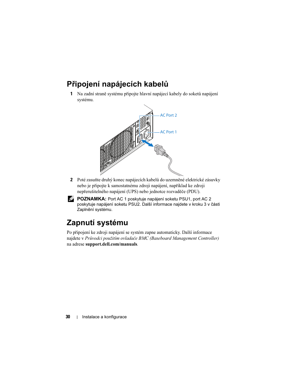 Připojení napájecích kabelů, Zapnutí systému | Dell PowerEdge C5125 User Manual | Page 32 / 184