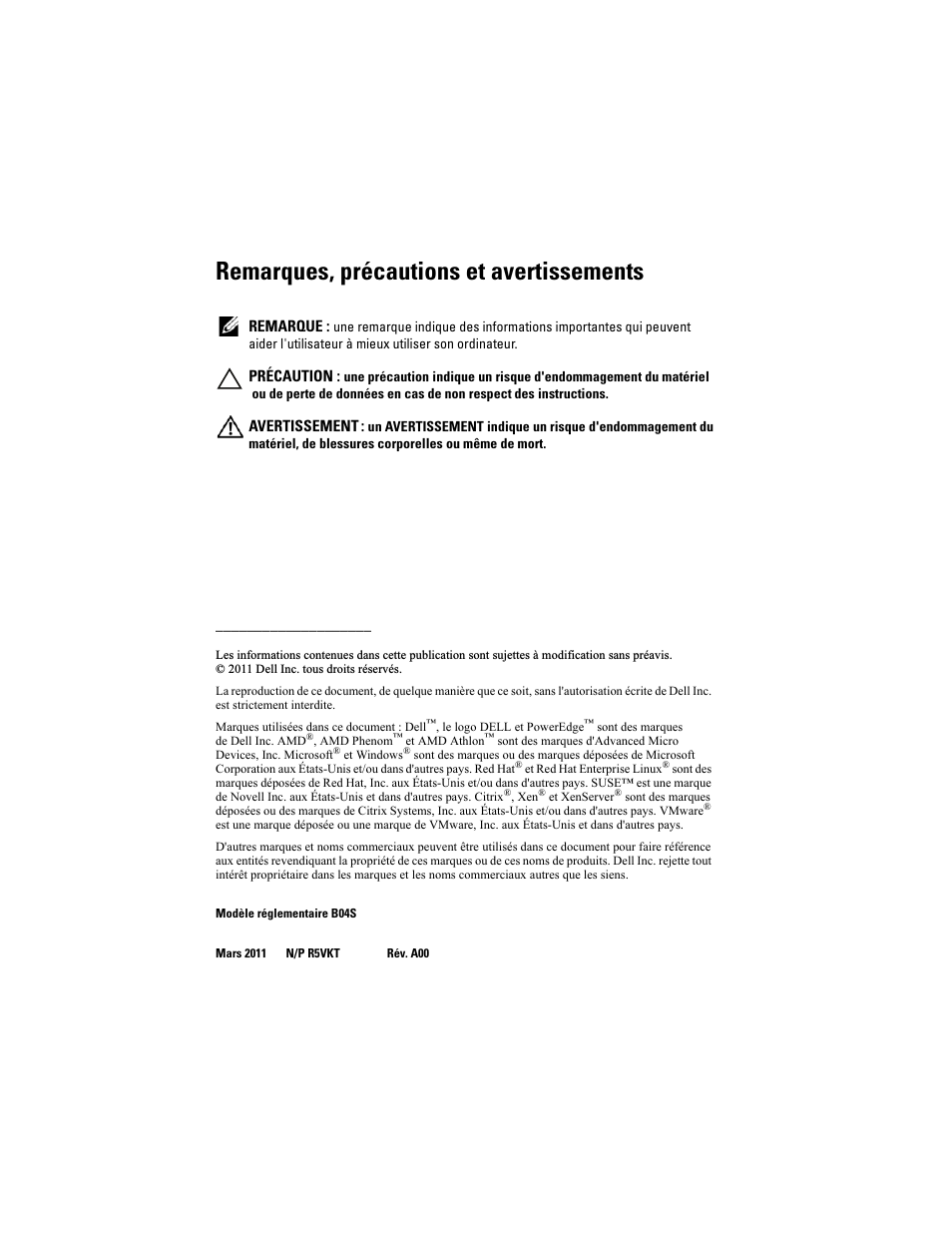 Remarques, précautions et avertissements | Dell PowerEdge C5125 User Manual | Page 40 / 184