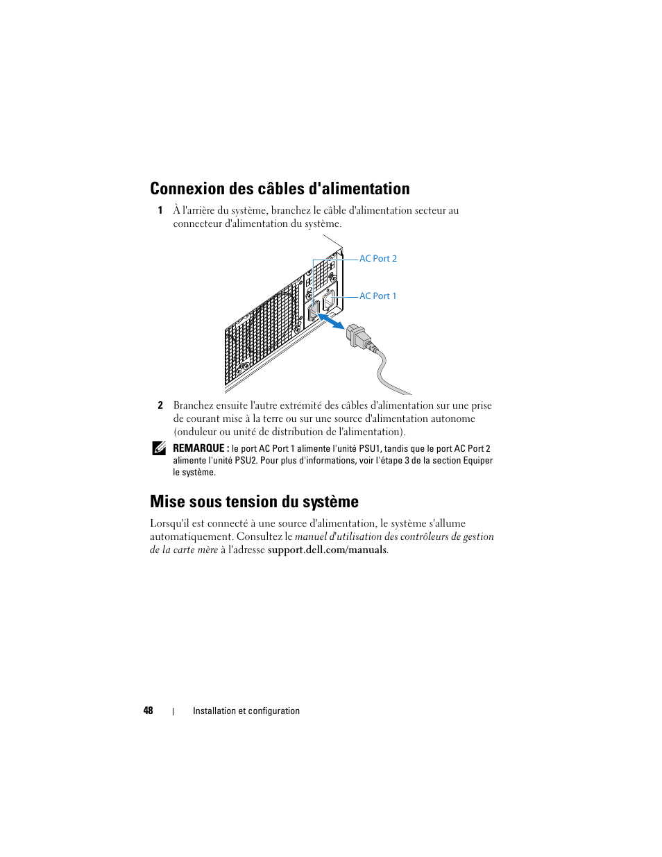 Connexion des câbles d'alimentation, Mise sous tension du système | Dell PowerEdge C5125 User Manual | Page 50 / 184