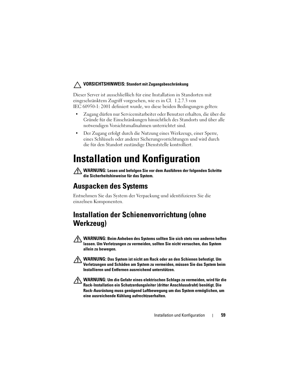 Installation und konfiguration, Auspacken des systems | Dell PowerEdge C5125 User Manual | Page 61 / 184