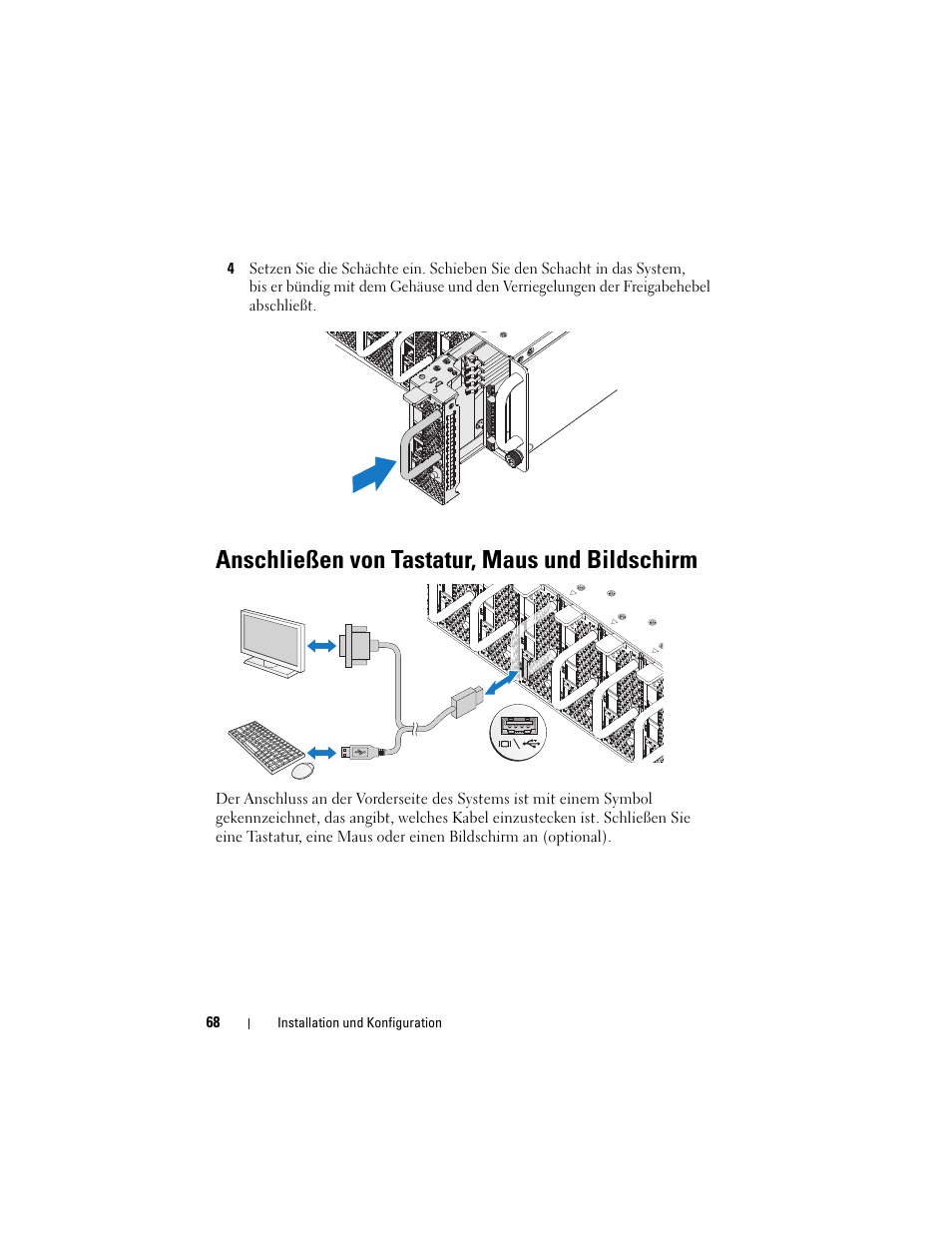 Anschließen von tastatur, maus und bildschirm | Dell PowerEdge C5125 User Manual | Page 70 / 184