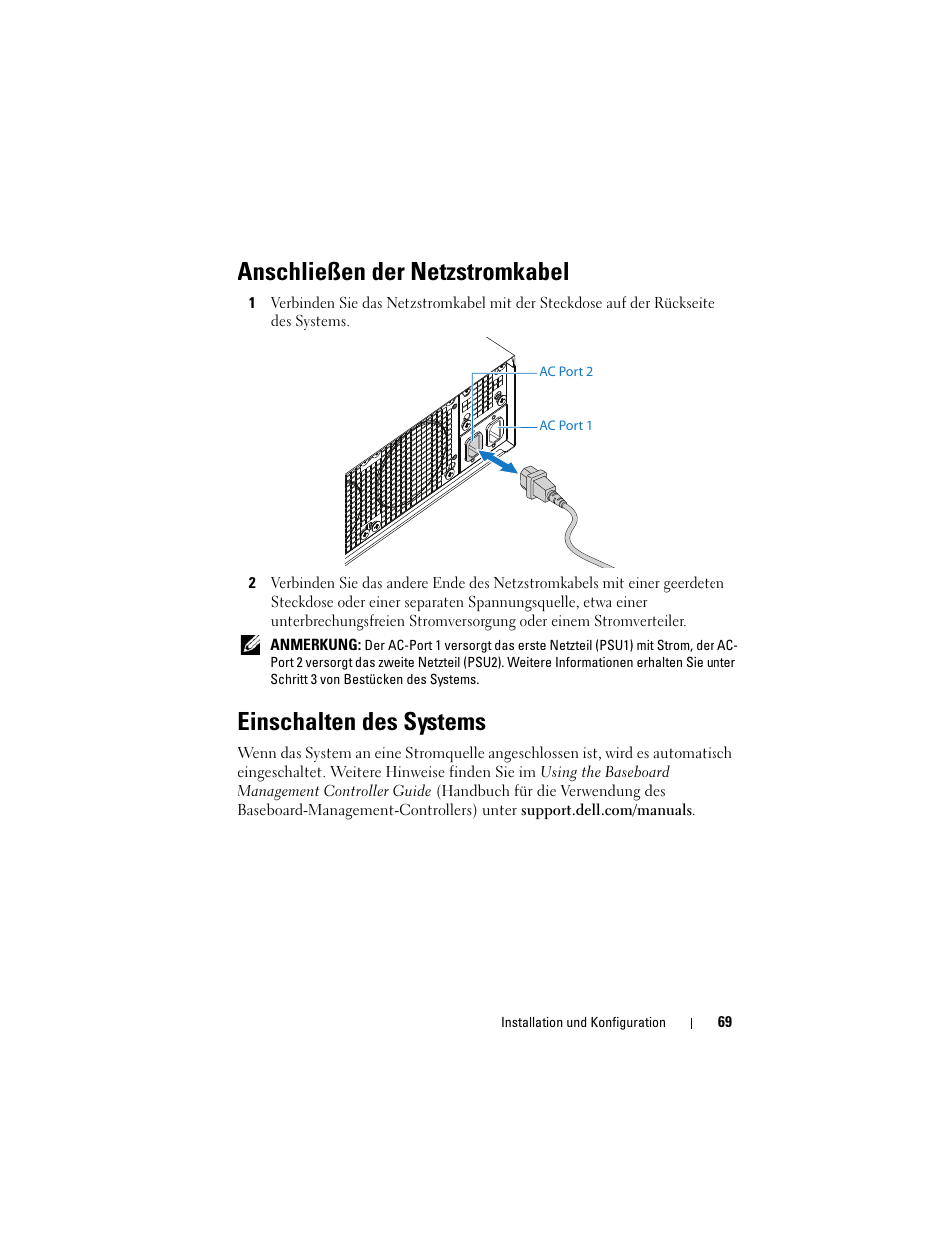 Anschließen der netzstromkabel, Einschalten des systems | Dell PowerEdge C5125 User Manual | Page 71 / 184